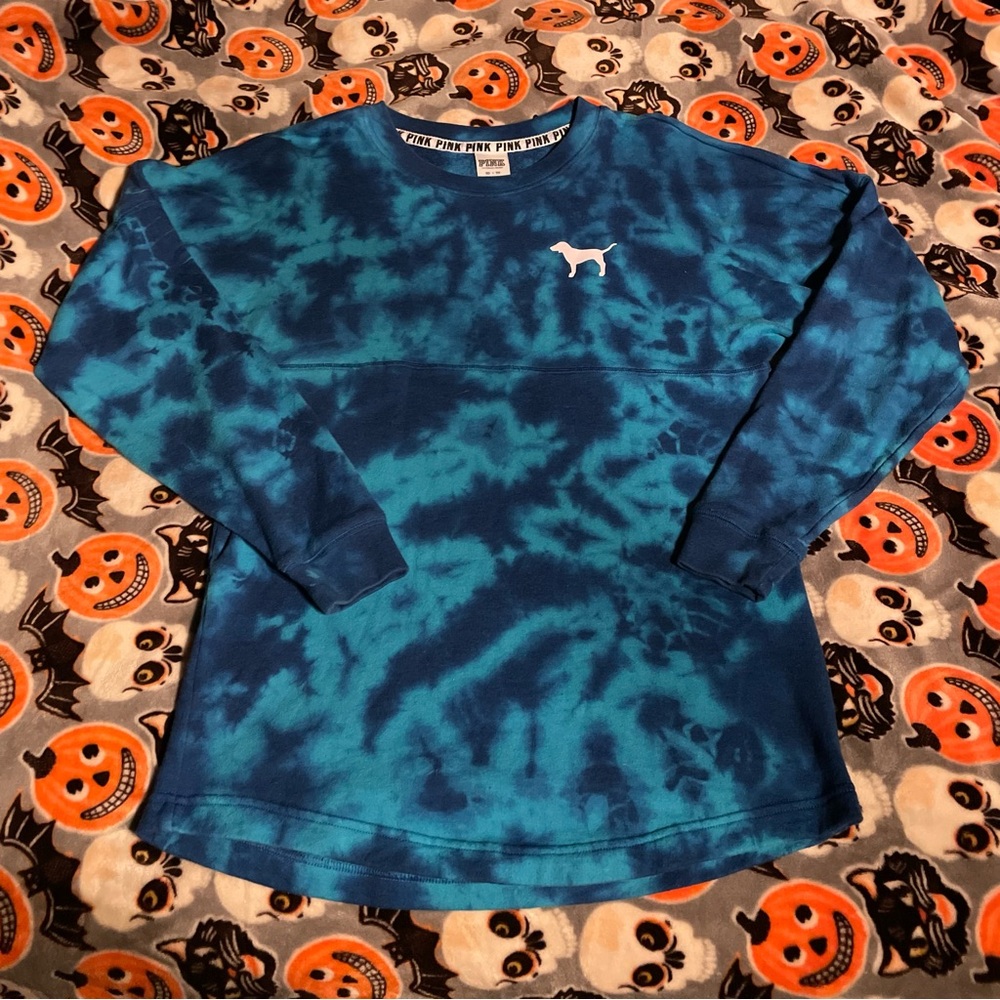 PINK Victoria's Secret Blue Tie-Dye Varsity Crewneck Sweatshirt